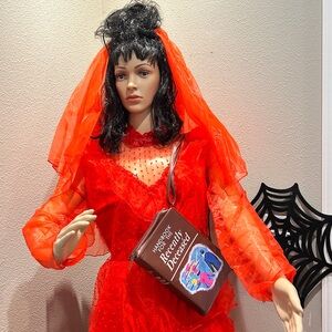 Beetlejuice Lydia Deetz red wedding costume WITH Wig & "Deceased" Purse